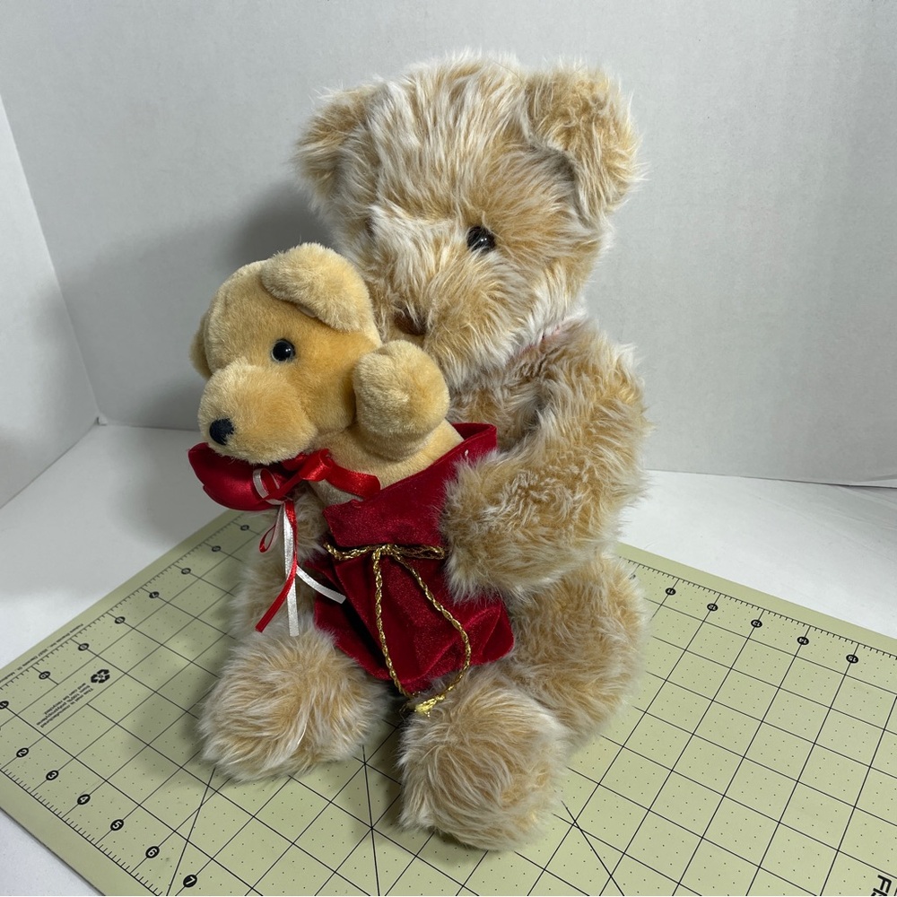 Gund Bear Brown 16" + Small Valentine Bear With Heart In Red Pouch, Plaid Bow